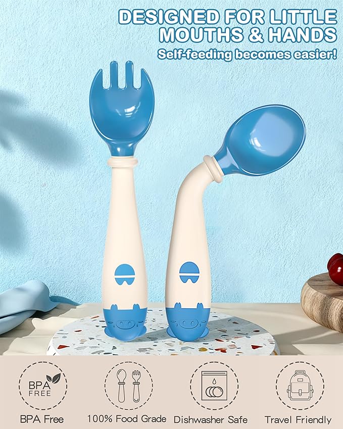 Deejoy Toddler Utensils, Self-feeding Flatware Set withTravel Case, Baby Spoons and Forks with Silicone Bendable Handle, Easy Grip Heat-Resistant, Ideal for Kids, Stage 2 (Blue)