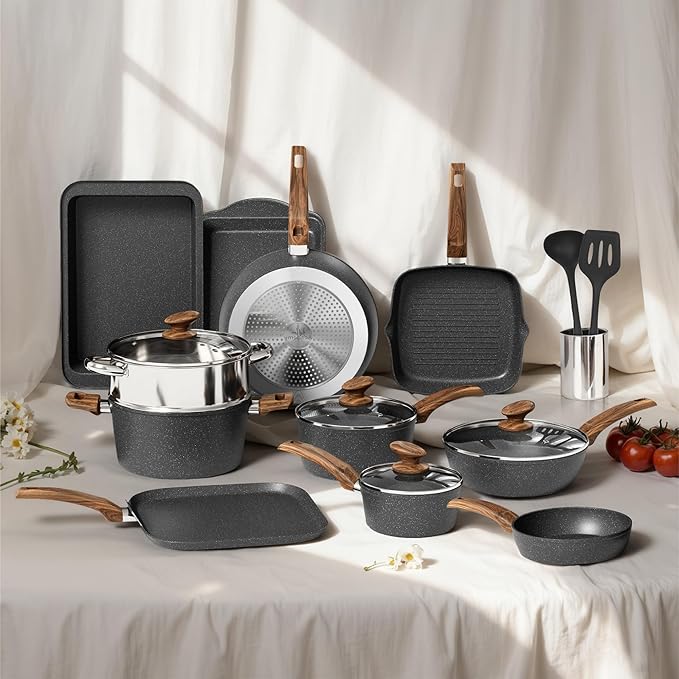 DishDelight Pots and Pans Set Non Stick, 17 Pieces Granite Kitchen Cookware Sets with Nonstick Granite Coating, Induction Cooking Set, Black
