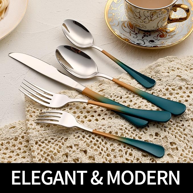 20-Pieces Green Orange Silverware Sets for 4,Green Orange Handle Stainless Steel Cutlery Set, Include Forks Spoons and Knives Set, Dishwasher Safe Utensil Sets for Home Restaurant