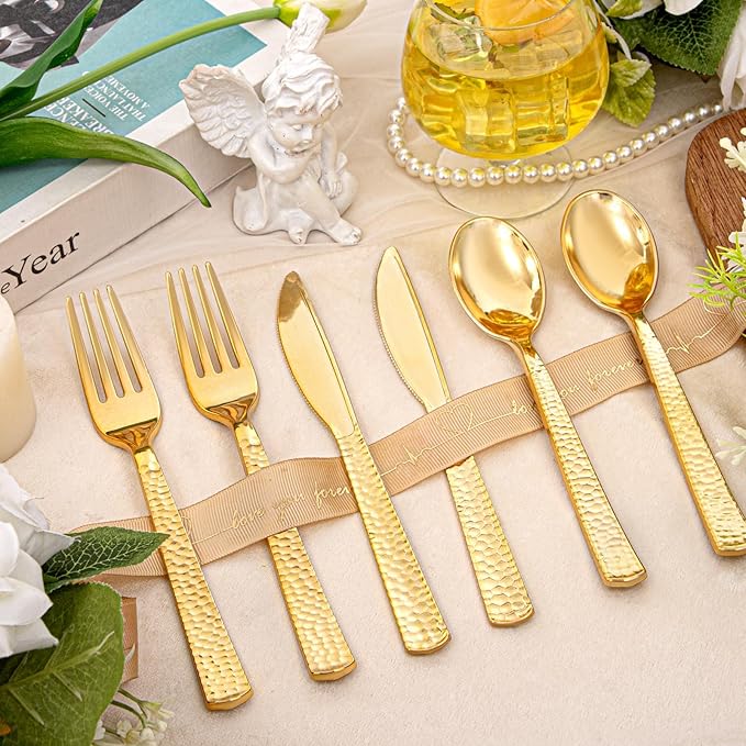 KIRE 400PCS Gold Plastic Silverware - Extra Heavy Duty Hammered Silverware Disposable Set, Gold Utensils Set Include 200 Forks,100 Knives,100 Spoons for Thanksgiving Party, Wedding
