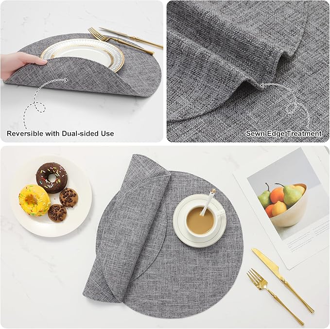 homing 15 Inch Round Cloth Placemats Set of 6, Cotton Linen Blend Washable Table Mats, Farmhouse Dining Place Mats for Indoors & Outdoors, Easy to Clean, Dark Grey
