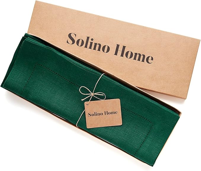 Solino Home Linen Placemats Set of 4 - Classic Hemstitch Rainforest Green Placemats 14 x 19 Inch - 100% Pure Linen Table Mats for Holiday, Winter, New Year