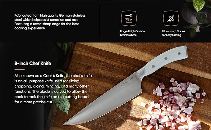 DURA LIVING 3-Piece Kitchen Knife Set – Ultra-Sharp German Stainless Steel, 8” Chef, 5” Utility, and 3.5” Paring Knives with Ergonomic Handles, Multipurpose Kitchen Knife Set, Clear