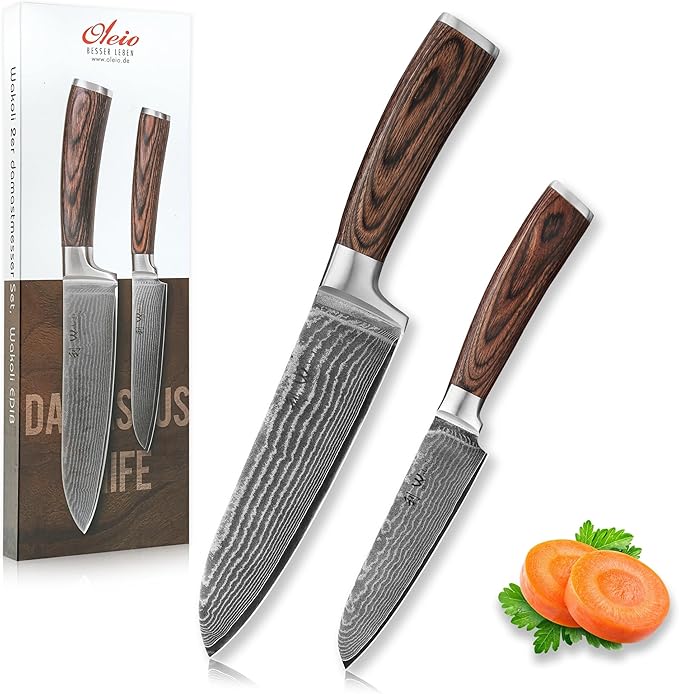 Wakoli EDIB 2-Piece Damascus Kitchen Knife Set – Santoku & Small Santoku with VG10 Core made of 67-Layer Damascus Steel Blades – Professional Chef Knives with Ergonomic Pakkawood Handles in Gift Box