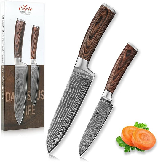 Wakoli EDIB 2-Piece Damascus Kitchen Knife Set – Santoku & Small Santoku with VG10 Core made of 67-Layer Damascus Steel Blades – Professional Chef Knives with Ergonomic Pakkawood Handles in Gift Box