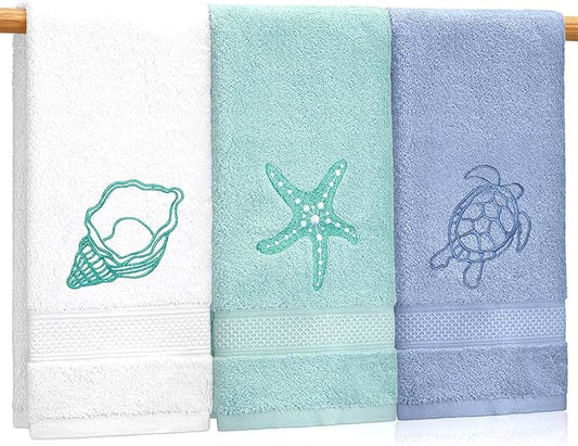 3 Pack Beach Hand Towels for Bathroom, 100% Cotton Soft Coastal Bathroom Towels Ocean Beach Kitchen Decor 13.5 x 29.5 Inch for Kitchen Summer Decoration