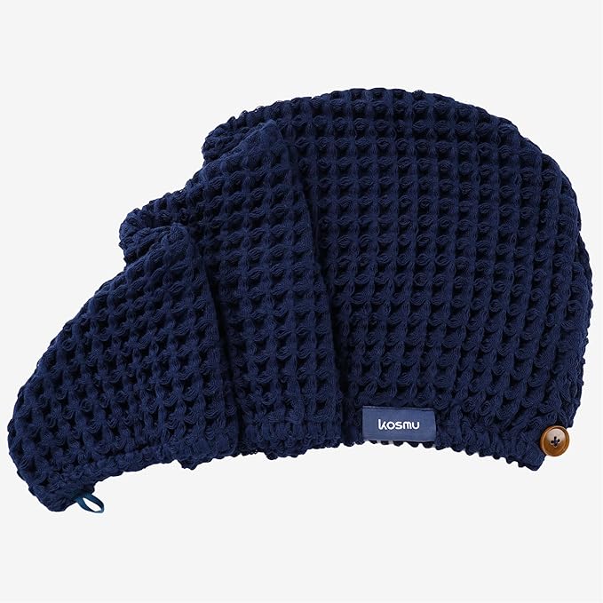 100% Organic Cotton Hair Drying Waffle Towel Wrap for Women | Absorbent & Quick Dry Head Turban for Wet Hair in Shower Sauna Spa, Extra Large for Long Straight Curly Plopping Button (Blue, 1 PACK)