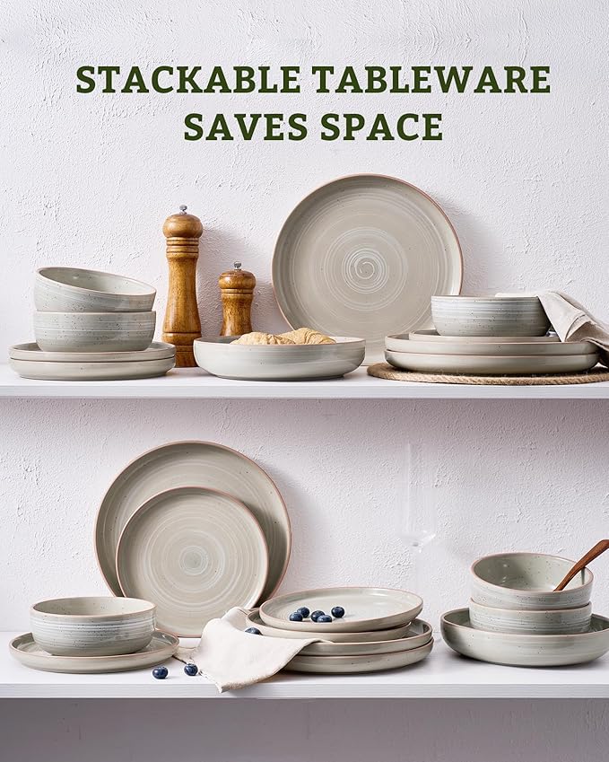 Famiware Meteor Plates and Bowls Sets for 4, 12 Pieces Dinnerware Sets, Microwave and Dishwasher Safe Dishes Set, Matcha Green