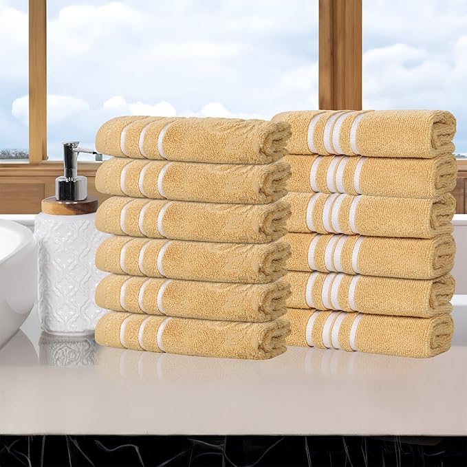Superior Cotton Face Towel/Washcloth Set, Small Facial Towels, Spa, Hotel, Guest, Home, Bathroom Basics, Plush Soft Absorbent, Luxury Quick Drying, Zero Twist, Assorted Design, Set of 12, Gold
