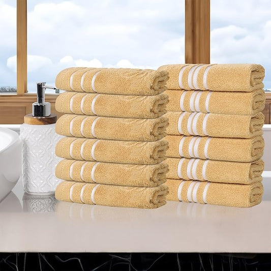 Superior Cotton Face Towel/Washcloth Set, Small Facial Towels, Spa, Hotel, Guest, Home, Bathroom Basics, Plush Soft Absorbent, Luxury Quick Drying, Zero Twist, Assorted Design, Set of 12, Gold