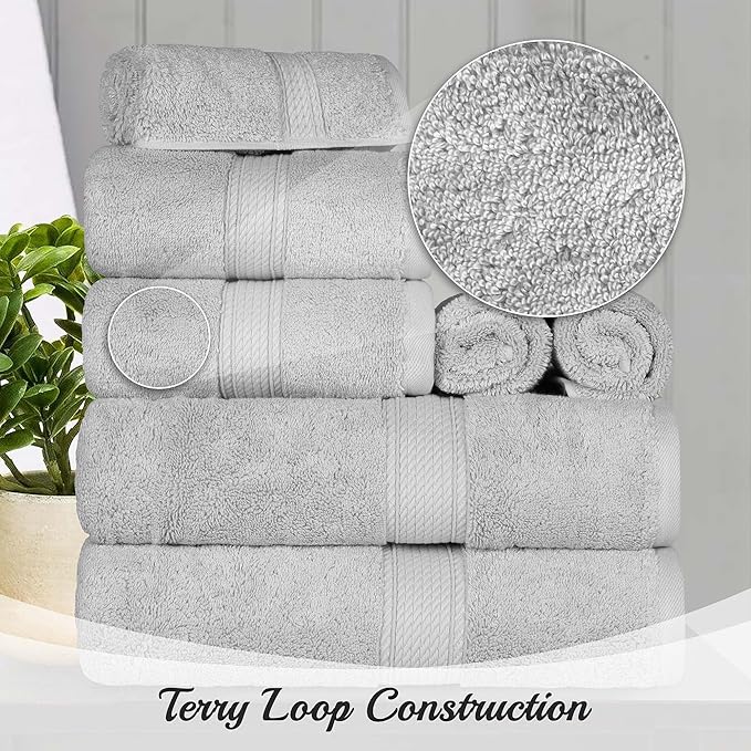 Superior Egyptian Cotton Pile 10 Piece Towel Set, Includes 2 Bath, 4 Hand, 4 Face Towels/Washcloths, Ultra Soft Luxury Towels, Thick Plush Essentials, Guest Bath, Spa, Hotel Bathroom, Silver