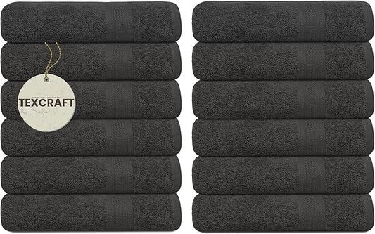 Bulk Large Bath Towels Set of 12 – 100% Cotton Terry – 24" x 50" – Quick Dry, Soft & Highly Absorbent – Grey Towels for Bathroom, Gym, Spa, Pool & Daily Use