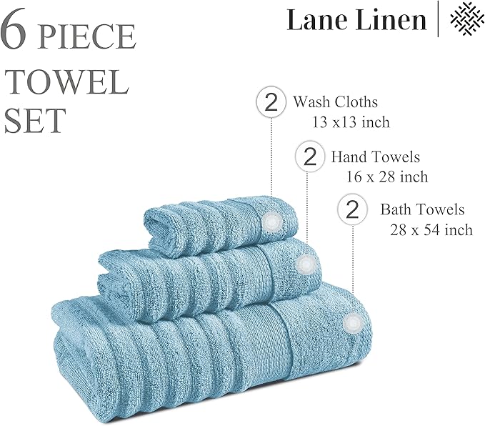 LANE LINEN Large Bath Towels Set - Premium Quality, Soft, 100% Cotton Towels for Bathroom, Hotel & Spa - Includes 2 Bath, 2 Hand & 2 Wash Cloths, Super Absorbent Quick Dry Towel (6 Piece Set) - Blue