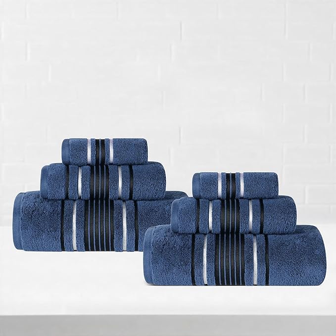 Superior Cotton 6 Piece Towel Set, 2 Bath, 2 Hand, 2 Washcloth/Face Towels, Quick Dry, Home Essentials, Shower, Spa, Luxury Plush Soft Absorbent Towels, Zero-Twist, Solid, Sadie Collection, Navy Blue