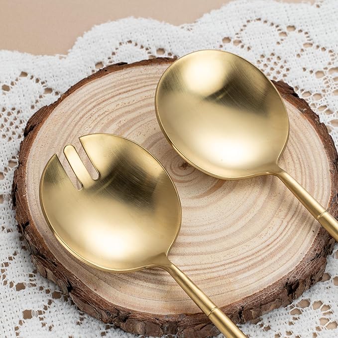 8-Piece Gold Salad Serving Set - 11.4 inch Stainless Steel Spoon & Fork with 6 Salad Forks, Titanium Plating, Dishwasher Safe for Entertaining, Parties