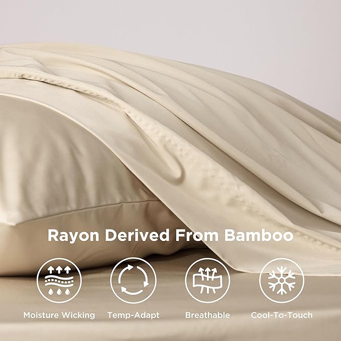 Bedsure Cooling Sheets Twin XL, Rayon Derived from Bamboo, Breathable & Soft Twin XL Sheet Sets, Deep Pocket Up to 16 Inches, Hotel Luxury Silky Dorm Bedding for Hot Sleepers, Beige
