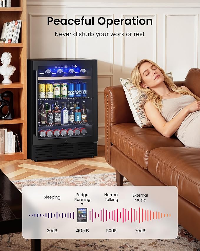 24 In Beverage Refrigerator, 112 Cans & 8 Bottles Wine Fridge with Double-Layer Glass Door, Built-In or Freestanding Wine and Beverage Refrigerator, Under Counter Fridge for Home/Bar/Cafe