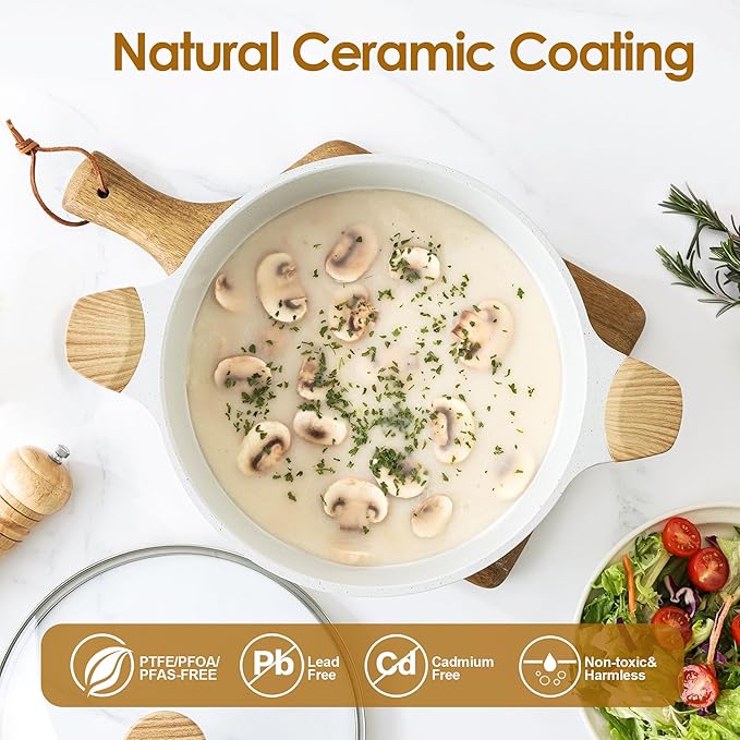 SENSARTE Ceramic Nonstick Stock Pot with Lid, 4.5 Quart Induction Cooking Pot with Tempered Glass Lid, Stew Pot for Soup and Oatmeal, Pasta Casserole, PFOA PFAS PTFE Free, White