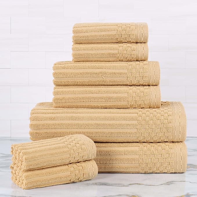 Superior 8 Piece Cotton Towel Set, Includes 2 Bath Towels, 2 Hand Towels, 4 Face Towel/Washcloths, Daily Use for Bathroom, Guest Bath, Ribbed, Absorbent, Home Essentials, Soho Collection, Gold