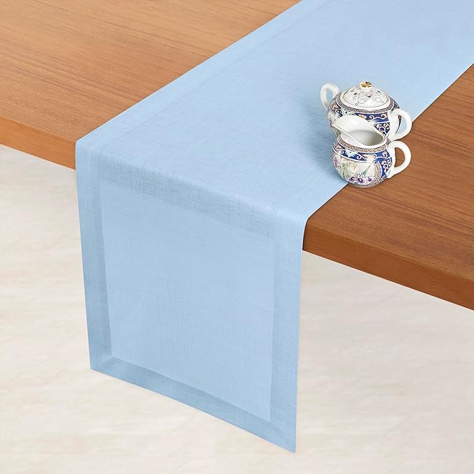 D'Moksha Homes Linen Powder Blue Table Runner 108 Inches Long - 100% Pure Linen Dining Table Runner 14 x 108 Inch for Winter, Holiday, New Year - Machine Washable