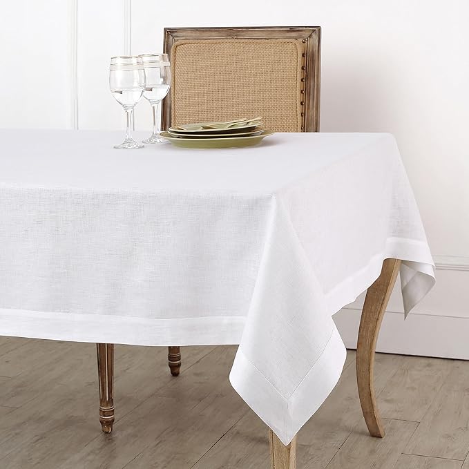 Solino Home White Linen Tablecloth 54 x 72 Inch - 100% Pure Linen Table Cloth for Rectangle Tables - Fete, Machine Washable Tablecloth for Winter, Valentines, Holiday, New Year