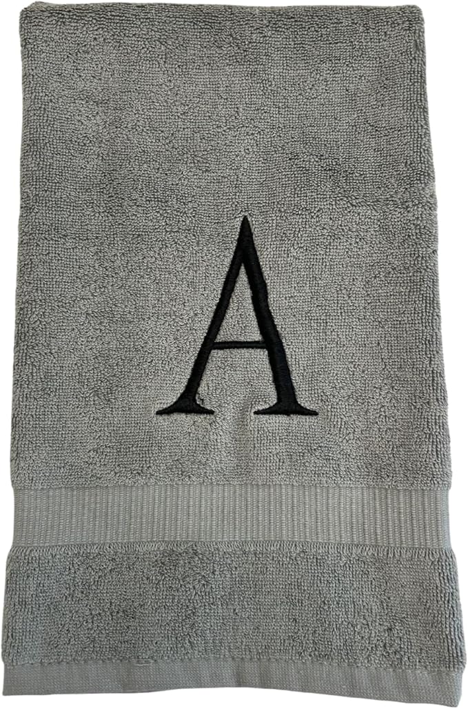 Gray Initial Hand Towel for Bathroom - Monogrammed Luxury Hotel Quality Decorative Embroidered Towel for Powder Room, Spa - GOTS Organic Certified - Set of 2 Black Letter M