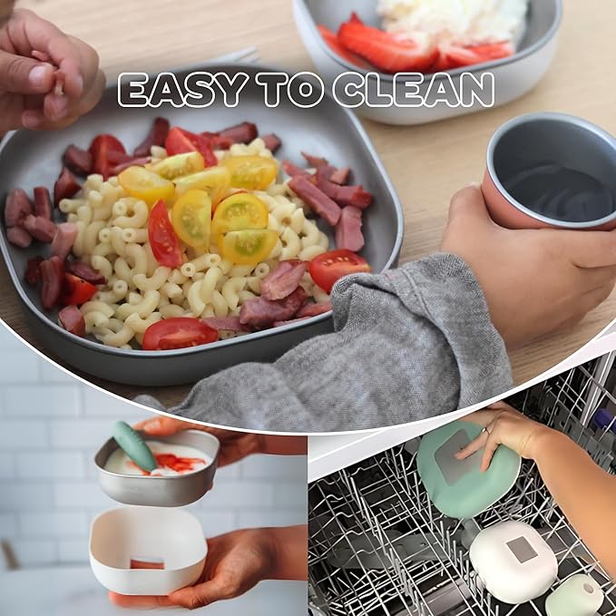 BEABA Stainless Steel Meal Set | Microwave and Oven Safe | Baby Plates Baby Bowls and Cup with Anti-Slip Silicone Cover | Kids Plates Non Toxic, Terracotta