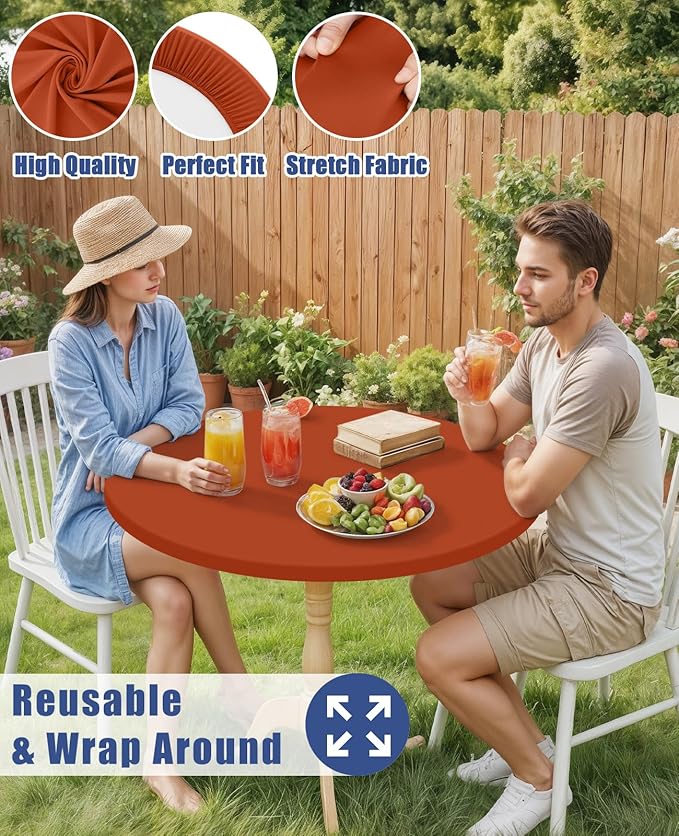 Round Spandex Thanksgiving Tablecloth, Elastic Fitted Waterproof Tablecloths for 18"-24" Tables, Stretch Washable Picnic Table Cover for Camping, Dining, Indoor and Outdoor, Rust