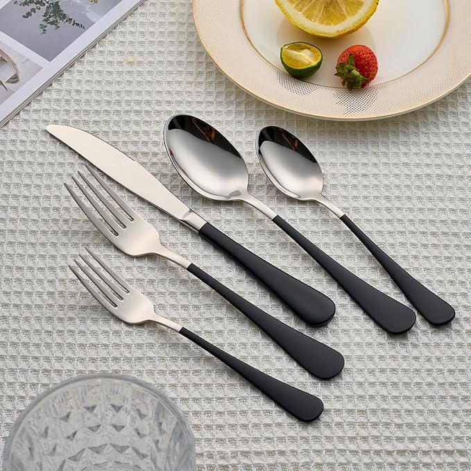 20 Piece Black 18/0 Flatware Utensil Set for 4, Include Dinner Knife,Dinner Forks,Dinner Spoons,Salad Forks,Teaspoons,Silverware Set for 4, Dishwasher Safe