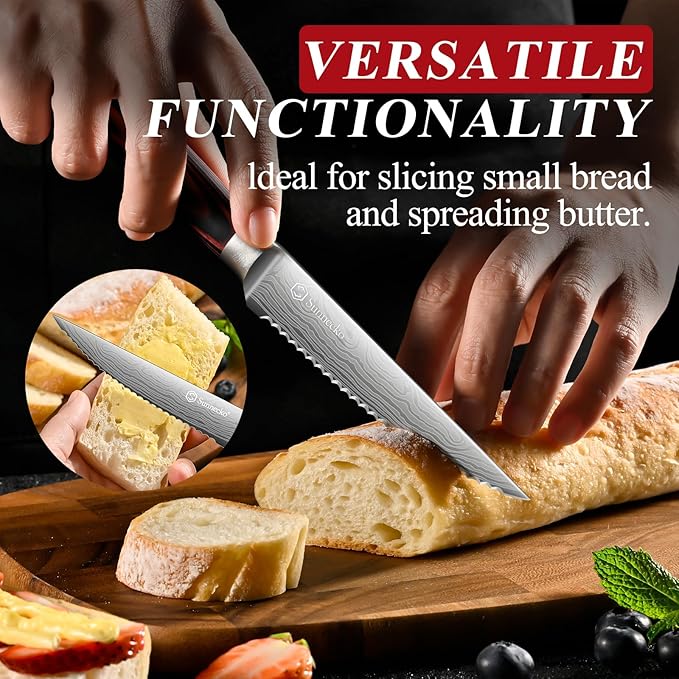 Sunnecko Razor-Sharp Steak Knives Set of 4,Premium Stainless Steel Serrated Steak Knife Set,Pakkawood Handle 4.5 Inch Kitchen Steak Knife with Gift Box