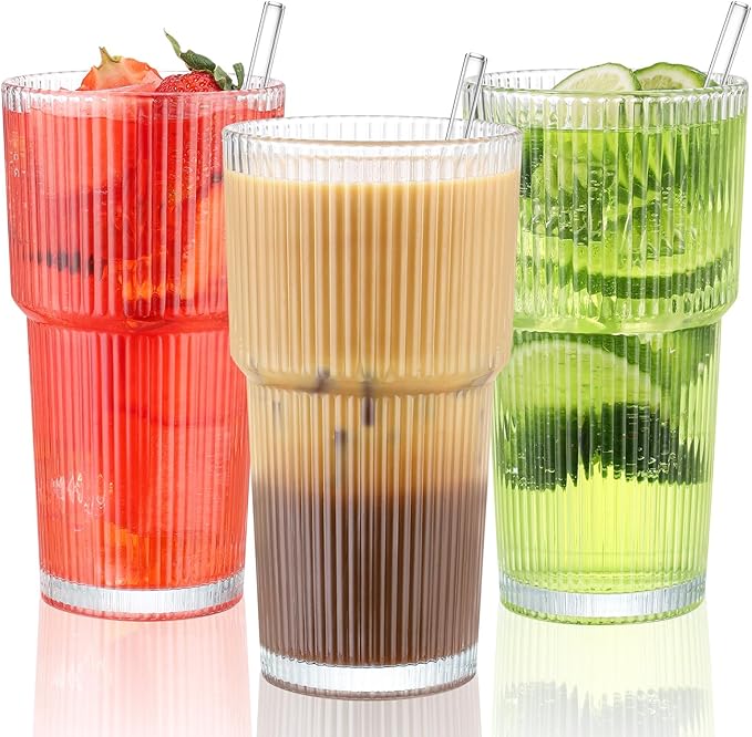 20 oz Glass Cup and Straw 3 Set, Glass Tumbler with Straw, Vintage Glassware for Whiskey Cocktail Beer, Iced Coffee Cups (3 PACK)