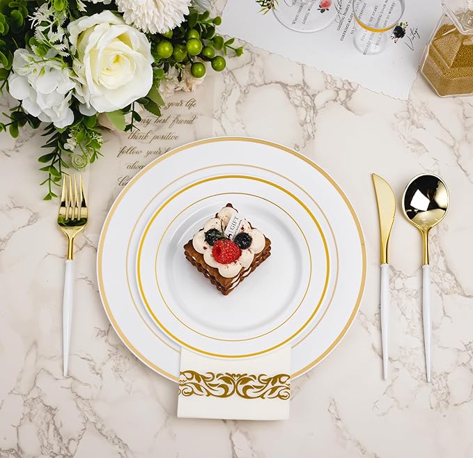 N9R 150Pcs Gold Plastic Silverware-Gold Disposable Utensils with White Handle-Disposable Silverware Heavy Duty with 50 Spoons, 50 Forks, 50 Knives for Party，Birthday and Everyday Use