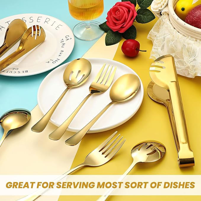 Patelai 8 Pieces Christmas Stainless Steel Gold Serving Utensils Set 8.7" Large Spoons and Slotted Spoon 9.45" Tong 9" Forks Flatware Wedding Party Buffet Banquet Cooking Kitchen Catering
