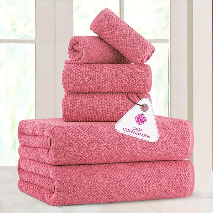 CASA COPENHAGEN Popcorn Textured 6 Pieces Towel Set- Pink, 550 GSM 2 Bath Towel 2 Hand Towel 2 Washcloth, Rough & Tough Use Cotton Towels Gift Set for Bathroom