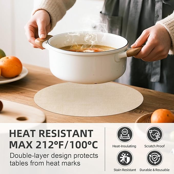 15 inch Faux Leather Round Placemats Set of 6 Non-Slip Washable Wipeable Table Mats, Heat Resistant Waterproof Oilproof Beige Place Mats for Kitchen, Dining, Party, Indoor, Outdoor