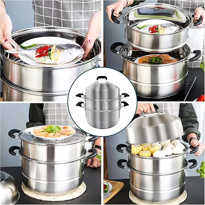 MANO Steamer Pot for Cooking 14.2 inch Steam Pots with Lid 2-tier Stainless Steel Steaming Pot Multipurpose Cookware with Handle for Vegetable, Dumpling, Stock, Sauce, Food…