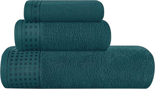 GLAMBURG Ultra Soft 3 Pack Cotton Towel Set, Contains a Bath Towel 28x55 inch, a Hand Towel 16x24 inch & a Wash Coth 12x12 inch, Ideal Everyday use, Compact & Lightweight - Teal