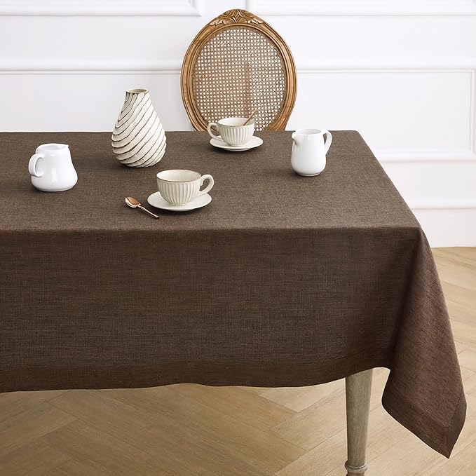 Solino Home Linen Tablecloth 60 x 90 Inch - 100% Pure Linen Chambray Brown Table Cloth for Rectangular Tables - Athena, Machine Washable Cloth Tablecloth