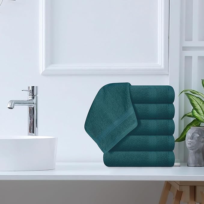 GLAMBURG Ultra Soft 12-Piece Washcloths Set 13x13-100% Ringspun Cotton - Durable & Highly Absorbent Face Towels - Ideal for use in Bathroom, Kitchen, Gym, Spa & General Cleaning - Teal