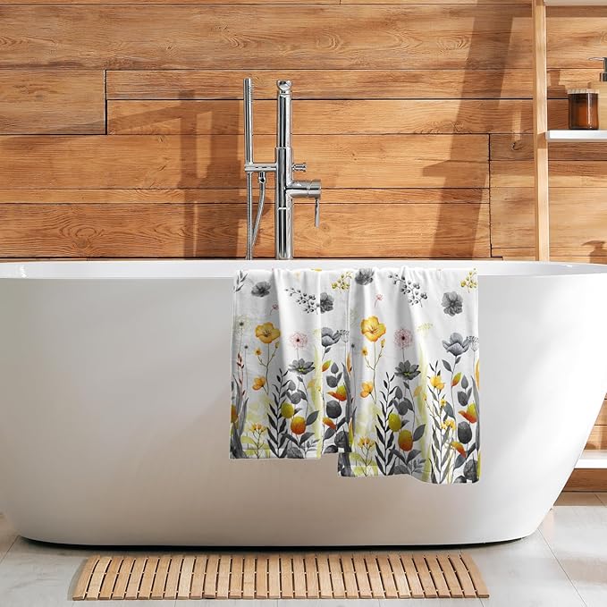Imiss Grey Yellow Poppy Floral Hand Towel 14.4 x 28.3 Inch Watercolor Botanical Leaf Fingertip Towel Bath Washcloth for Bathroom Kitchen Home Spa，Set of 2