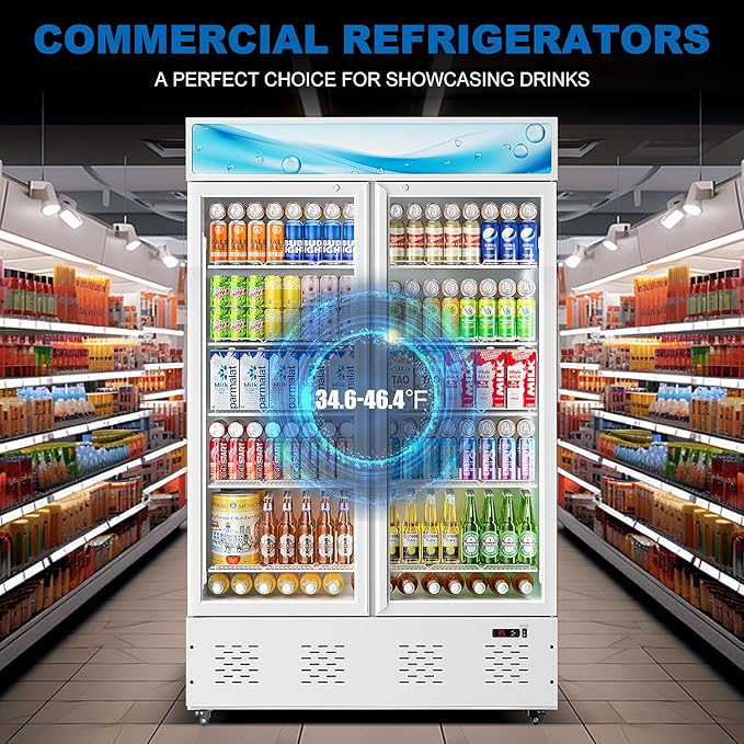 40 Cu.ft Commercial Beverage Refrigerators Glass Door Refrigerator Commercial Cooler with LED Light and 10 Shelves, Display Refrigerator for Restaurant Store Cafe Bar, White