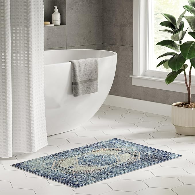 Easy-Going Boho Area Rug 3x5 Entryway Rug Washable Inside Door Mats for Home Entrance Non-Slip Vintage Distressed Small Rugs for Entry Living Room Bedroom Kitchen Office Lightweight Carpet, Blue Cream
