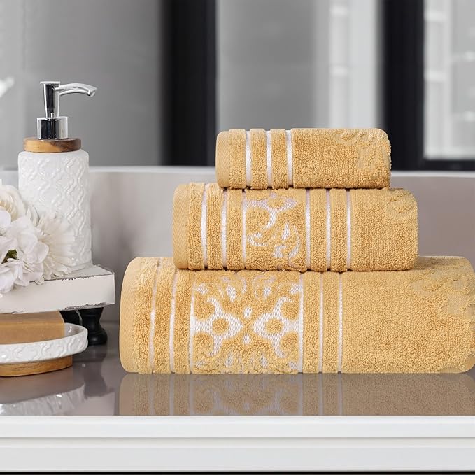 Superior Cotton 3 Piece Towel Set, Includes 1 Bath, 1 Hand, 1 Washcloth/Face Towel, Quick Dry, Home Essentials, Shower, Spa, Luxury Plush Soft Absorbent Towels, Zero Twist, Jacquard Floral, Gold