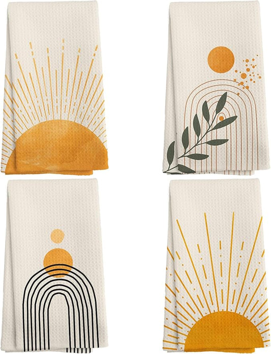 Boho Abstract Orange Sunshine Kitchen Towels and Dishcloths Set of 4, Boho Mid Century Modern Abstract Minimalist Sunshine Drying Cloth Hand Dish Tea Towels for Bathroom Kitchen, 16x24 Inches
