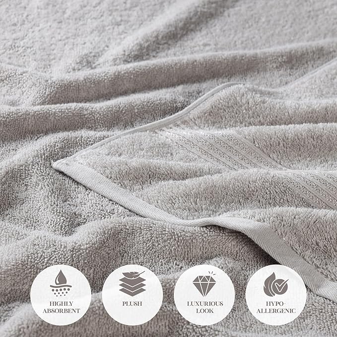 Superior Egyptian Cotton Bath Towel Set, Home Bathroom Towels, Master, Guest Bath, Decor Essentials, Quick Dry, Absorbent, Large Body Towels, Spa, Hotel, Resort, Adult, Kids, Set of 2, Silver
