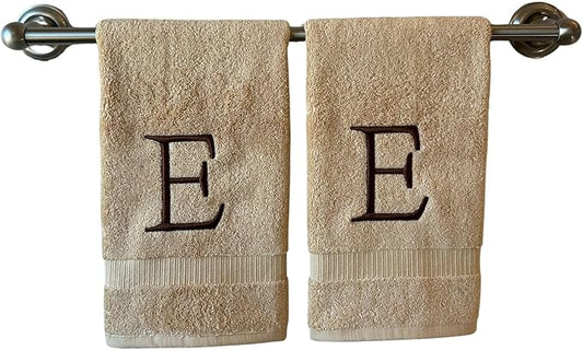 Beige Initial Hand Towel for Bathroom - Monogrammed Luxury Hotel Quality Decorative Embroidered Towel for Powder Room, Spa - GOTS Organic Certified - Set of 2 Brown Letter E