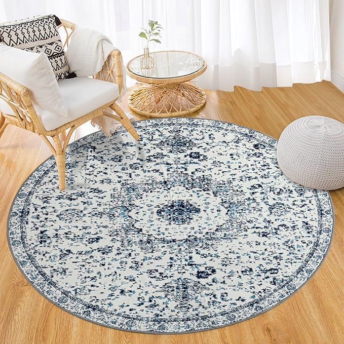 Easy-Going Round Area Rug 3ft Washable Boho Small Circle Rugs for Living Room Non-Slip Bedroom Rug Low Pile Lightweight Floral Print Vintage Throw Rug for Dining Room Kitchen Home Office, Blue Cream