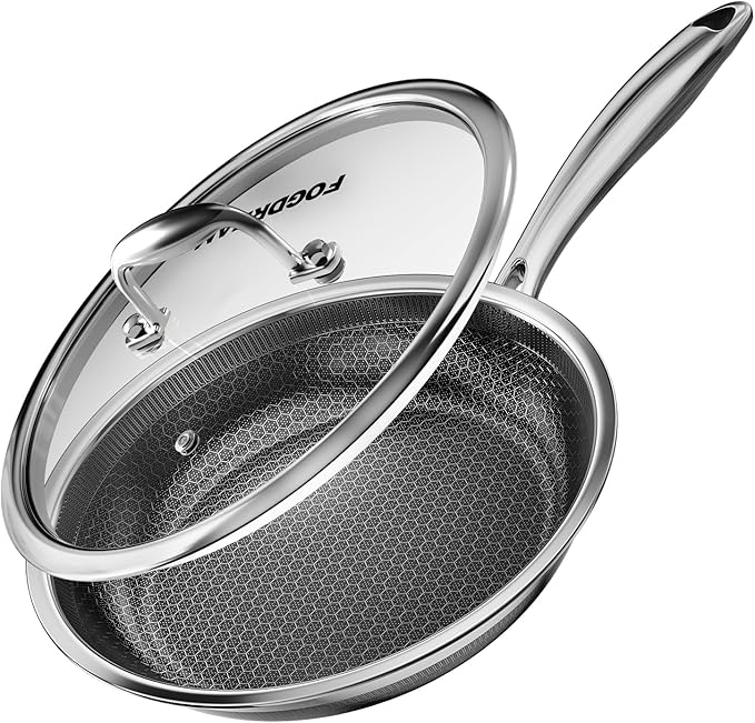 Fogdream 10” Stainless Steel Pan, Non Stick Frying Skillet with Lid, Tri-Ply Stainless Steel for All Cooktops, Dishwasher and Oven-Safe Cooking Pan, Stay-Cool Handle, Silver