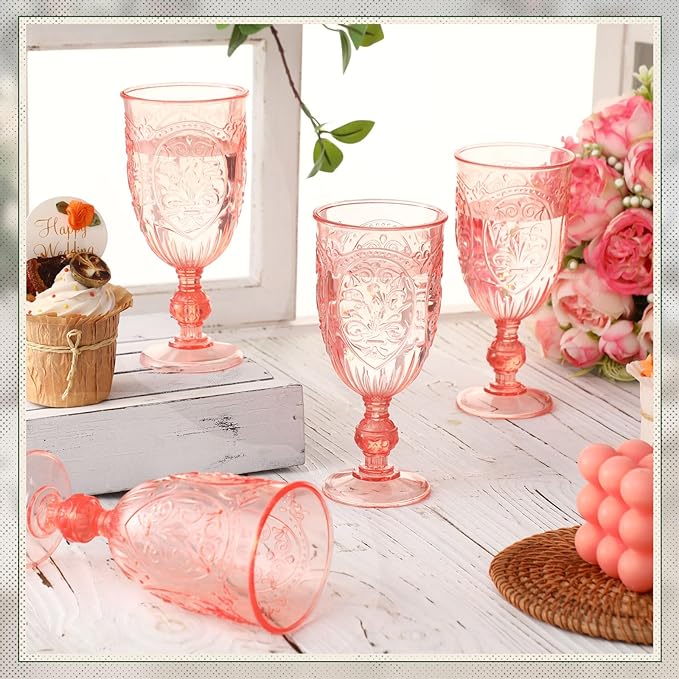 100 Pcs Plastic Goblets 7.5oz Vintage Goblet Plastic Wine Glasses Colored Retro Embossed Water Goblets for Wine Bar Juice Baby Shower Wedding Reception Grand Event Party (Pink)