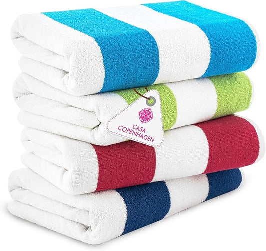 CASA COPENHAGEN Cabana Beach Towel Designed in Denmark Rough and Tough, Quick Dry, Pool, Bath & Shower 30x60 inches 4 Pieces Cotton Beach Bath Towels Set - Turquoise, Royal Blue,Pink, Green